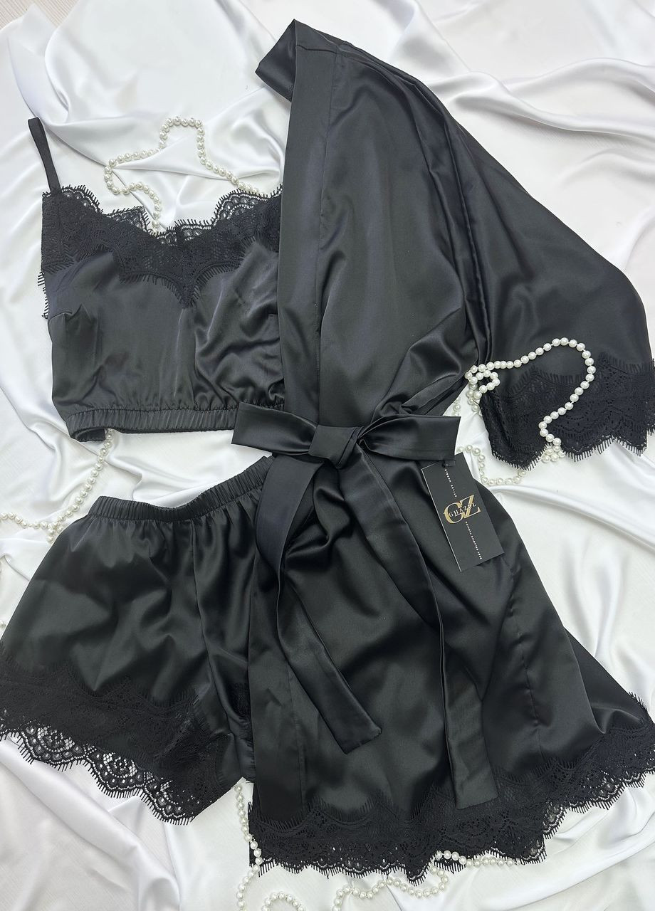 Чорна всесезон шовковий домашній комплект шортики+майка+халат шовк з мереживом трійка 52 чорний_чорний (17111-167/88) Ghazel