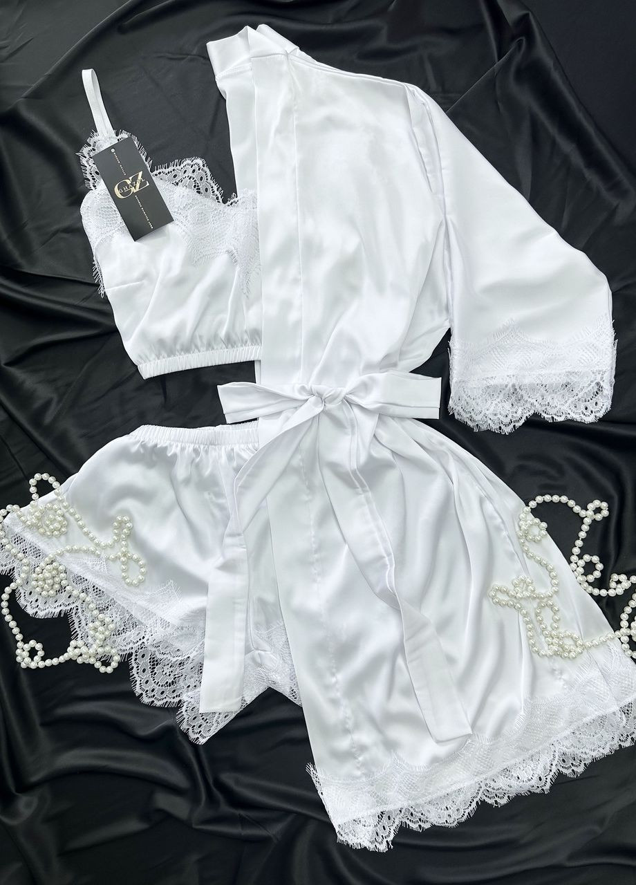Белая всесезон шелковый домашний комплект шортики+майка+халат шелк с кружевом тройка 54 белый_белый (17111-167/88) Ghazel
