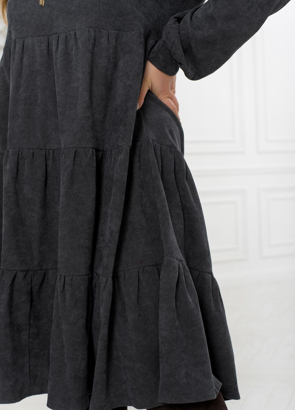 Темно-серое кэжуал вельветовое платье а-силуэт No Brand однотонное