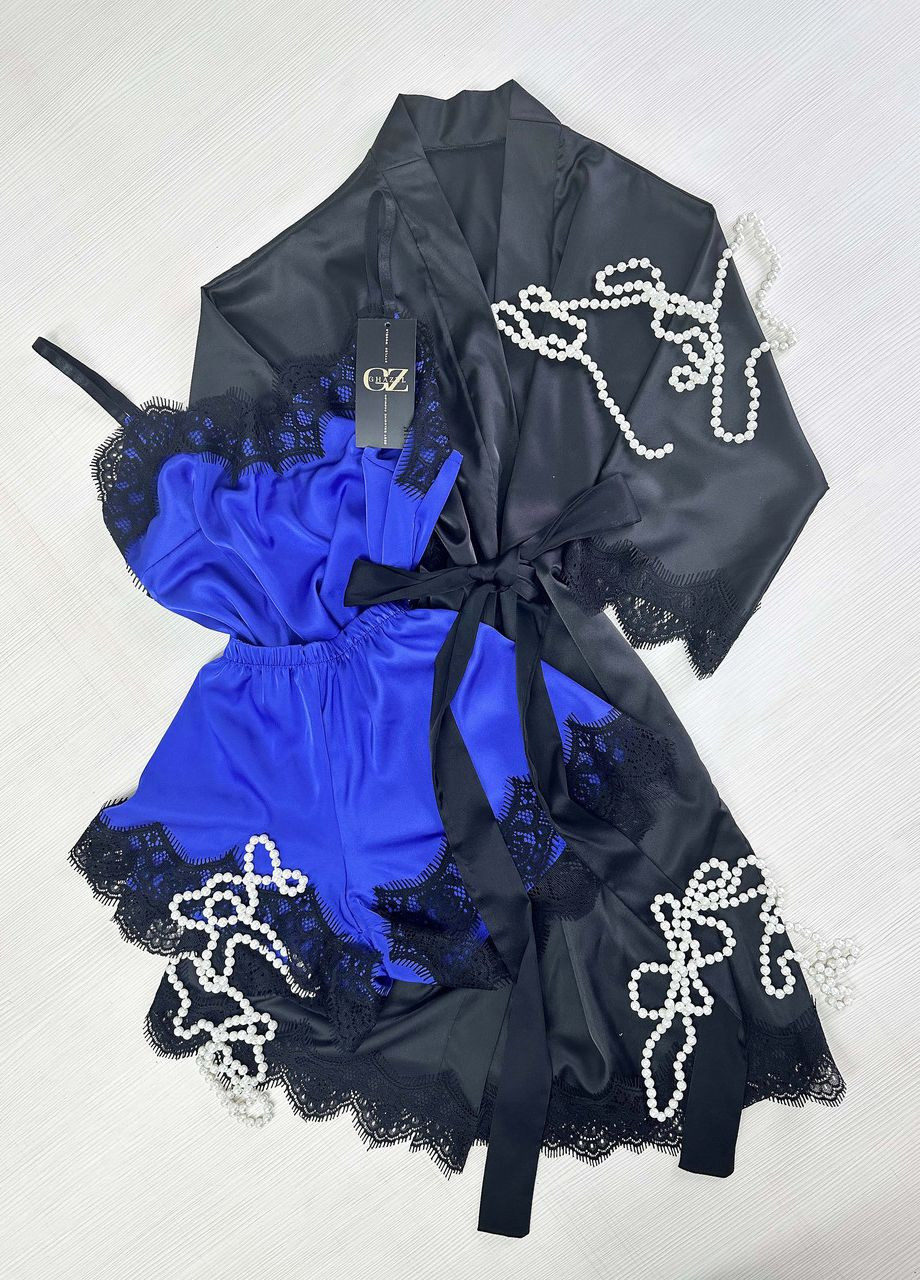 Чорна всесезон шовковий домашній комплект шортики+майка+халат шовк трійка 54 чорний_синій 17111-170/88) Ghazel