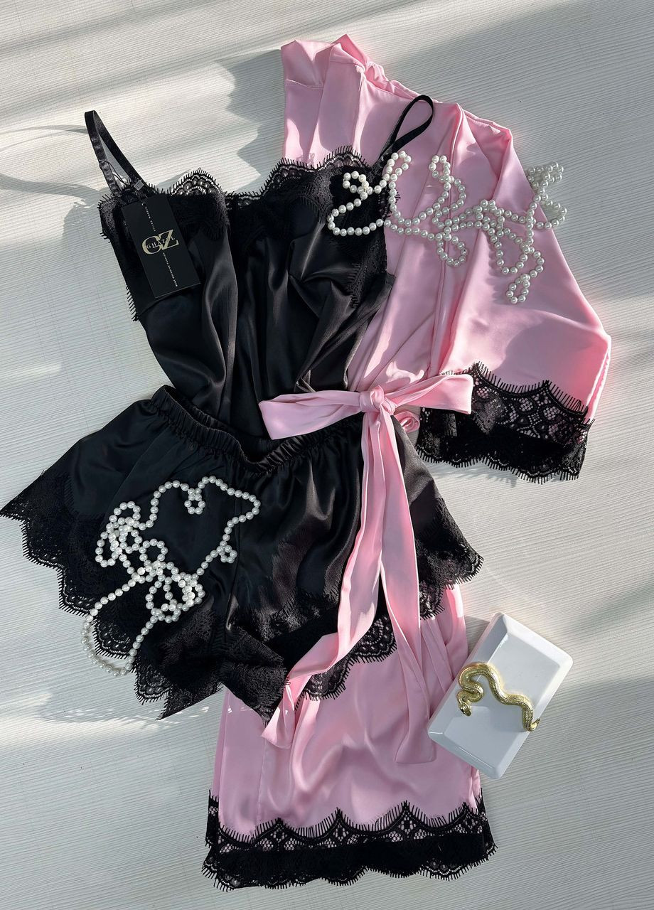 Розовая всесезон шелковый домашний комплект шортики+майка+халат шелк тройка 56 розовый_черный (17111-170/88) Ghazel