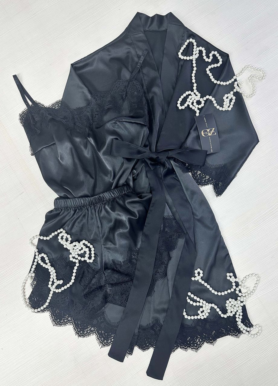 Чорна всесезон шовковий домашній комплект шортики+майка+халат шовк трійка 56 чорний_чорний 17111-170/88) Ghazel