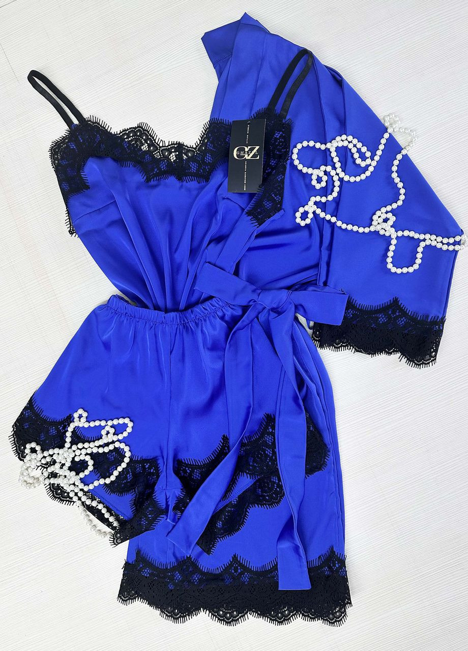 Синяя всесезон шелковый домашний комплект шортики+майка+халат шелк тройка 42 синий_синий (17111-170) Ghazel