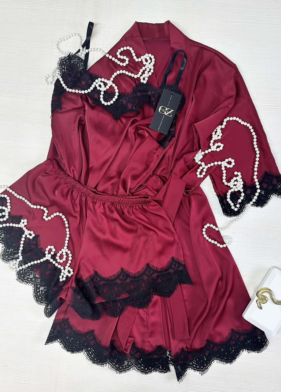 Бордовая всесезон шелковый домашний комплект шортики+майка+халат шелк тройка 50 бордовый_бордовый (17111-170/8) Ghazel