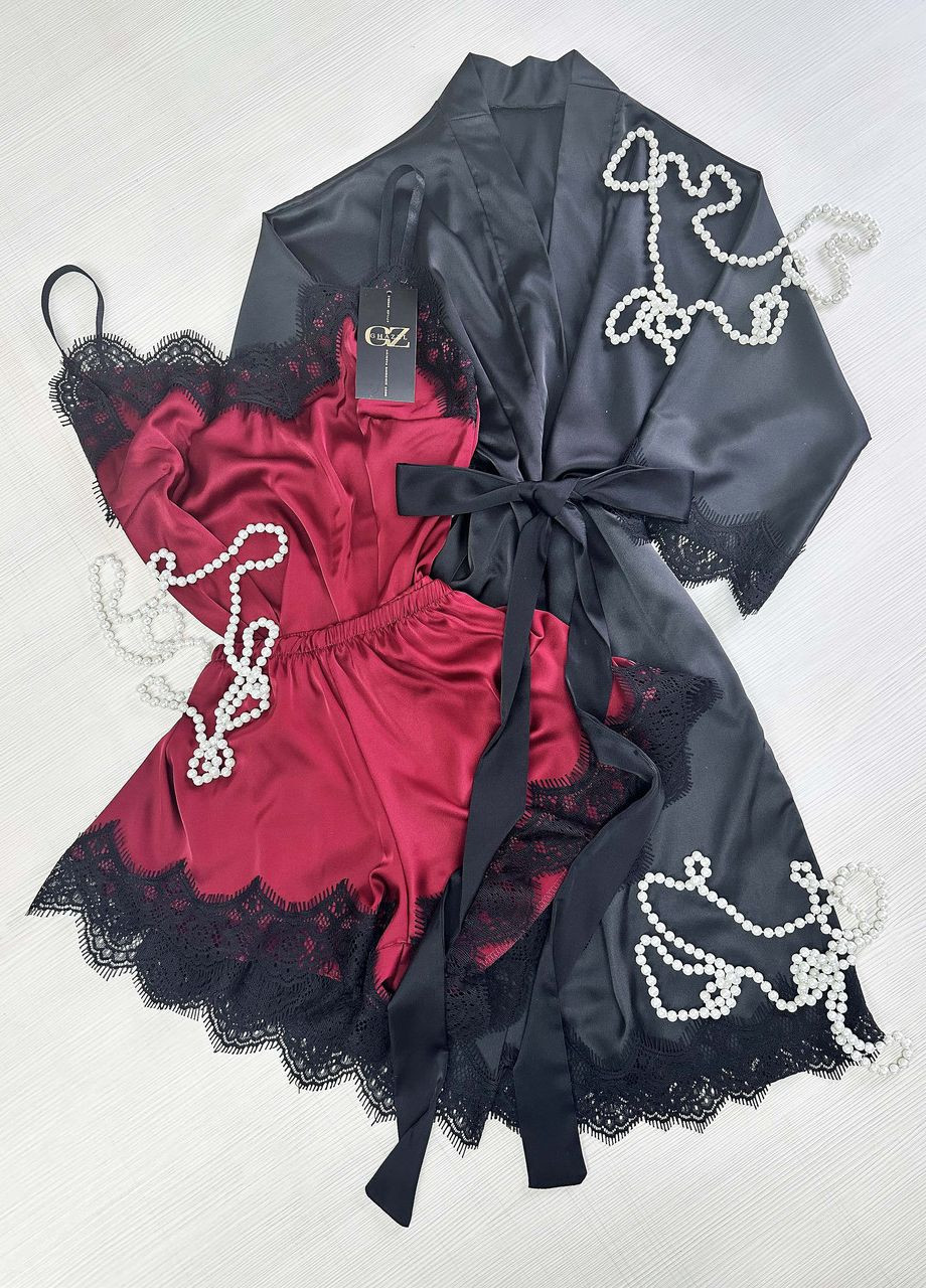 Бордовая всесезон шелковый домашний комплект шортики+майка+халат шелк тройка 44 черный_бордовый (17111-170) Ghazel