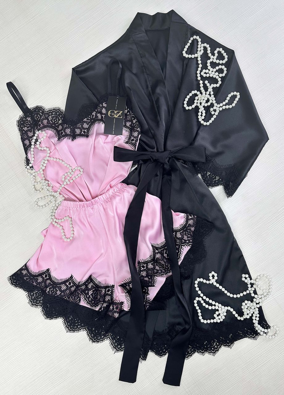 Чорна всесезон шовковий домашній комплект шортики+майка+халат шовк трійка 42 чорний_рожевий 17111-170) Ghazel