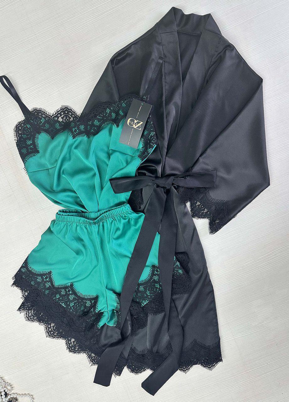 Черная всесезон шелковый домашний комплект шортики+майка+халат шелк тройка 54 черный_зеленый (17111-170/88) Ghazel