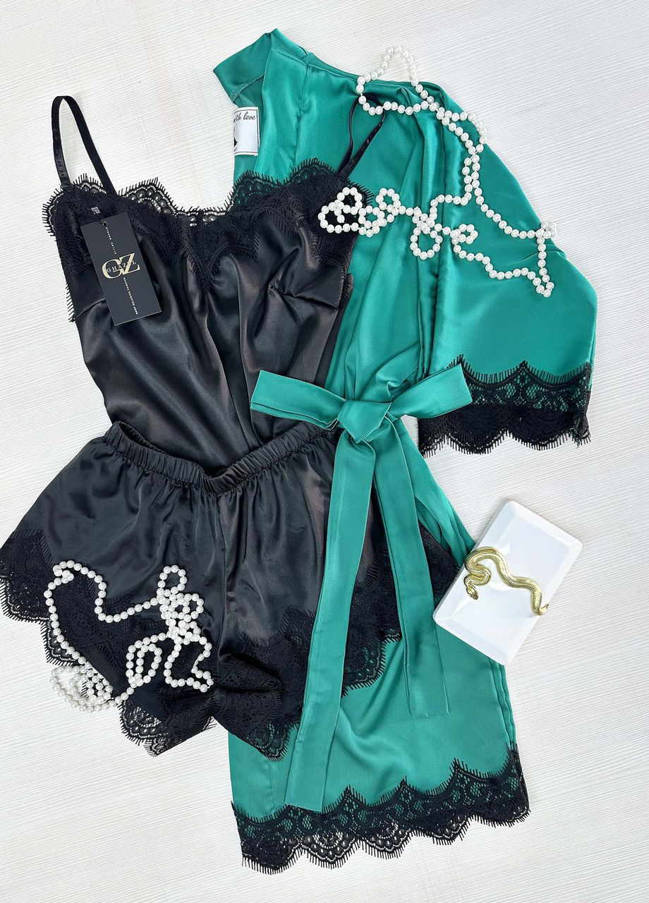 Зелена всесезон шовковий домашній комплект шортики+майка+халат шовк трійка 46 зелений_чорний 17111-170) Ghazel