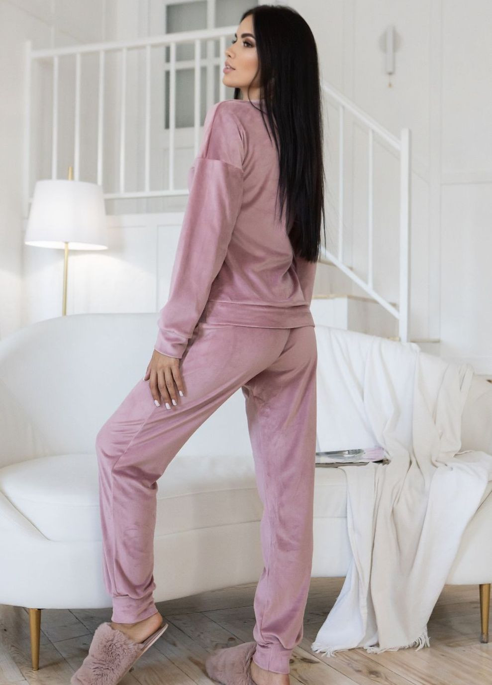 Пудрова всесезон піжама брючна тепла пп1500 пудра лонгслів + брюки MiaNaGreen
