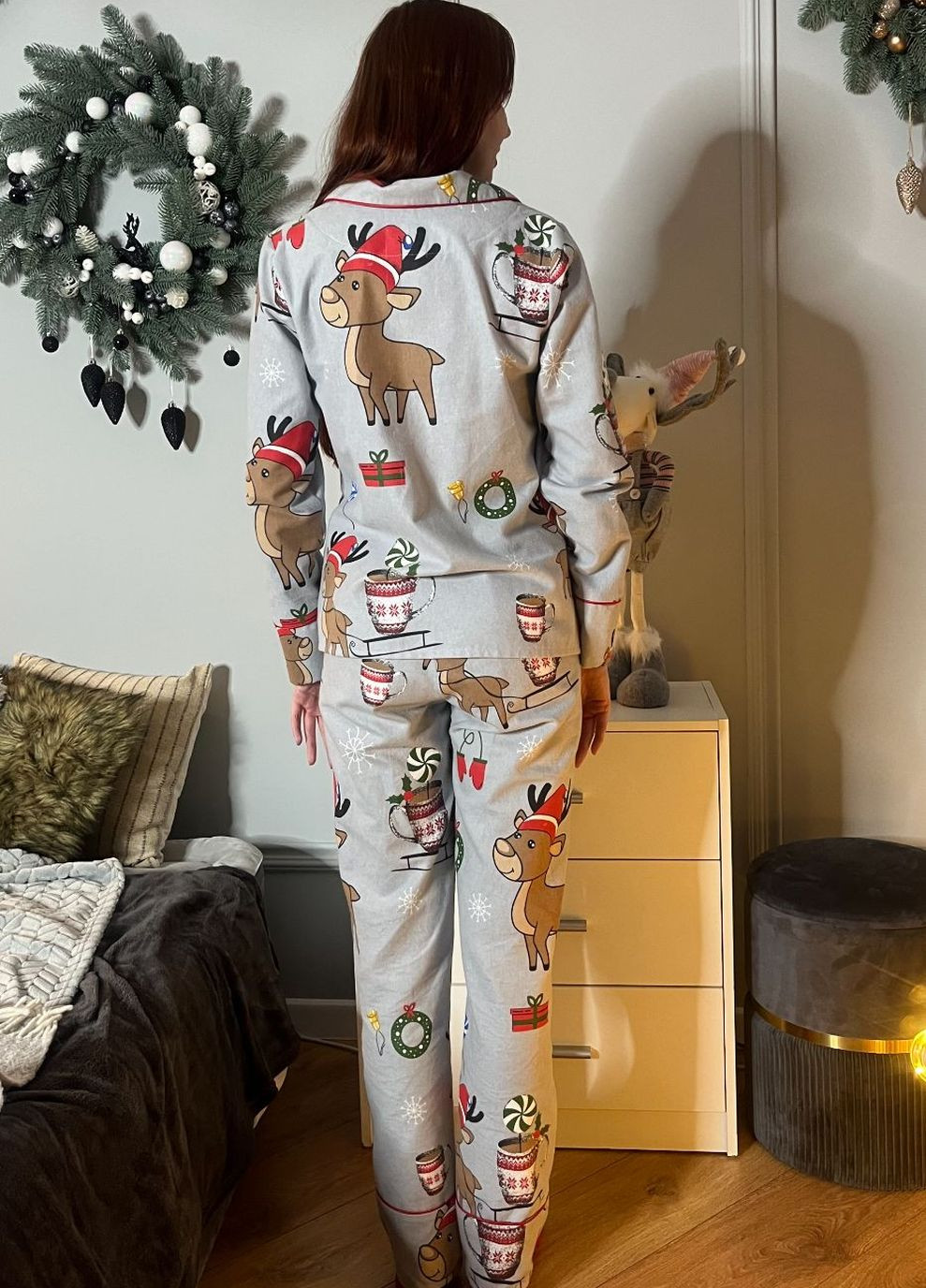 Сіра всесезон класична брючна піжама фланель п915 олені MiaNaGreen