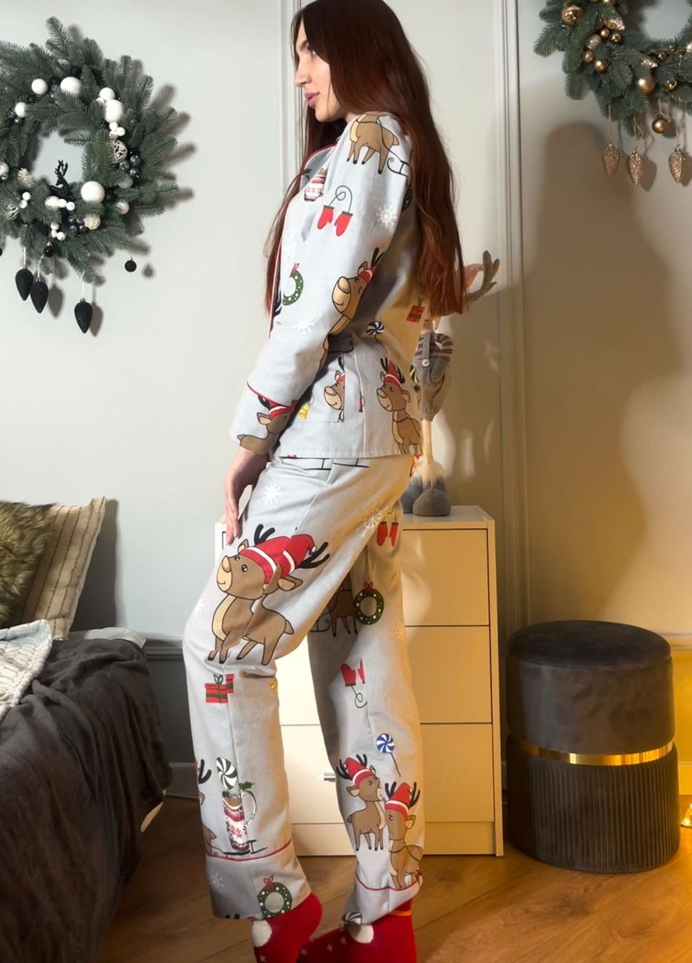 Сіра всесезон класична брючна піжама фланель п915 олені MiaNaGreen