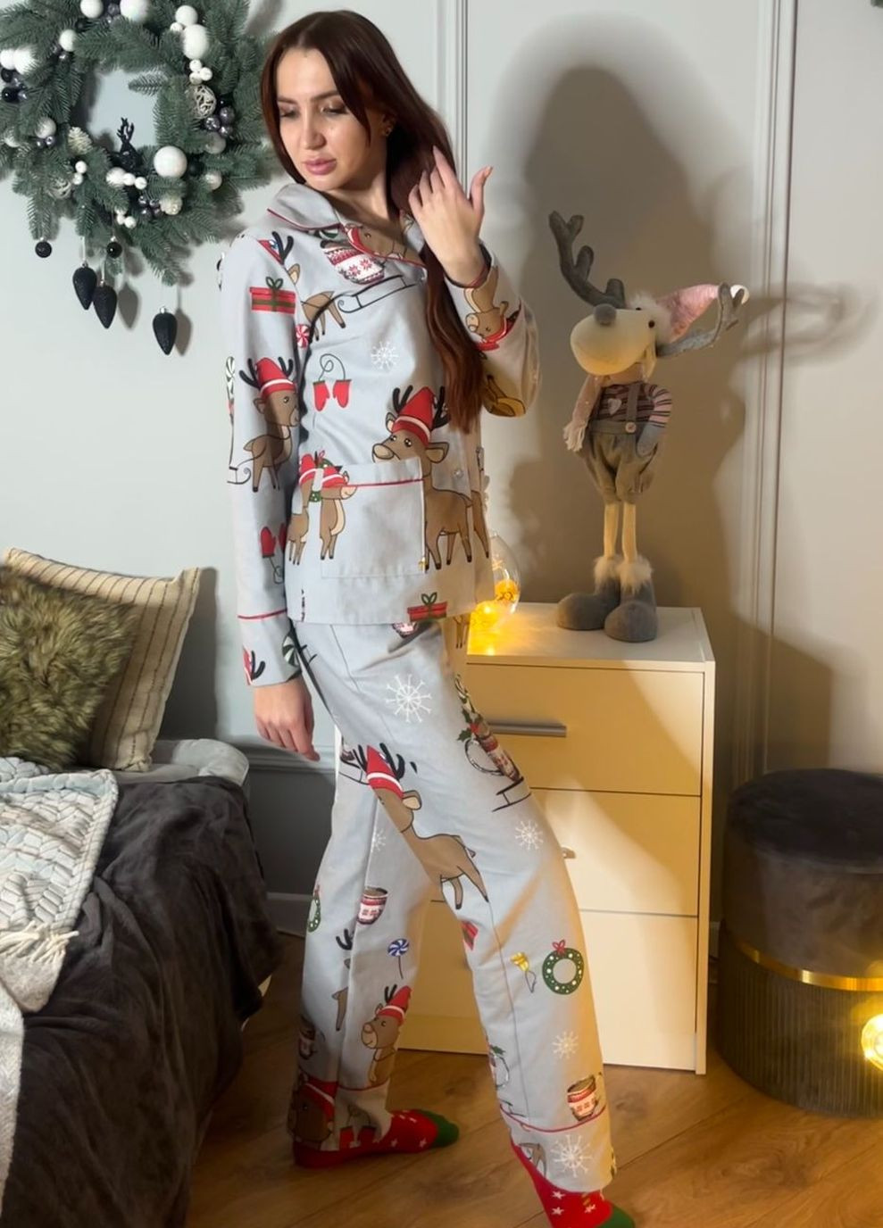 Сіра всесезон класична брючна піжама фланель п915 олені MiaNaGreen