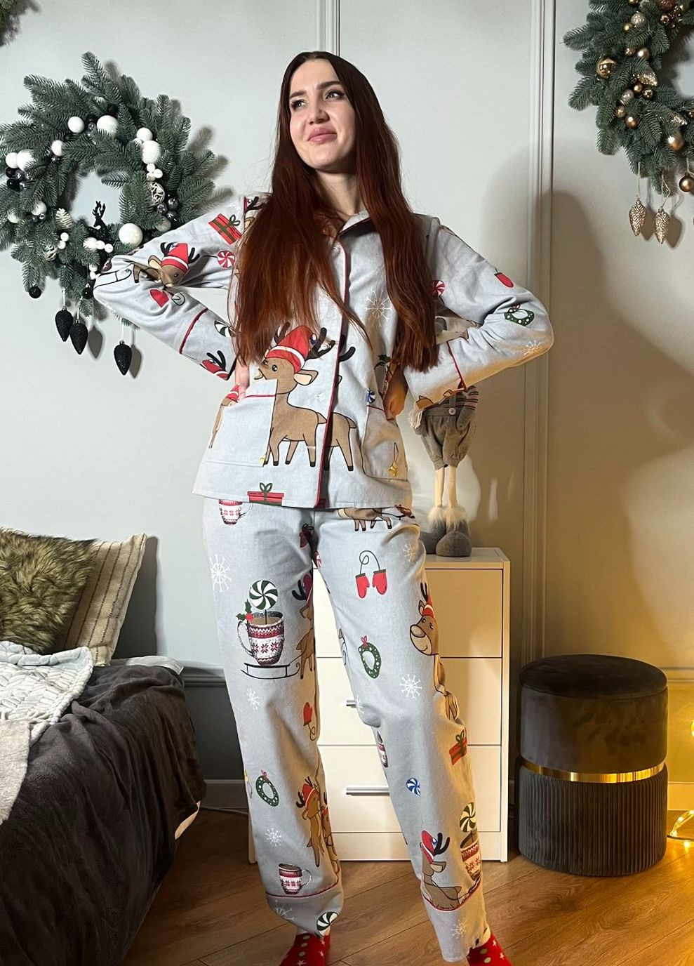 Сіра всесезон класична брючна піжама фланель п915 олені MiaNaGreen