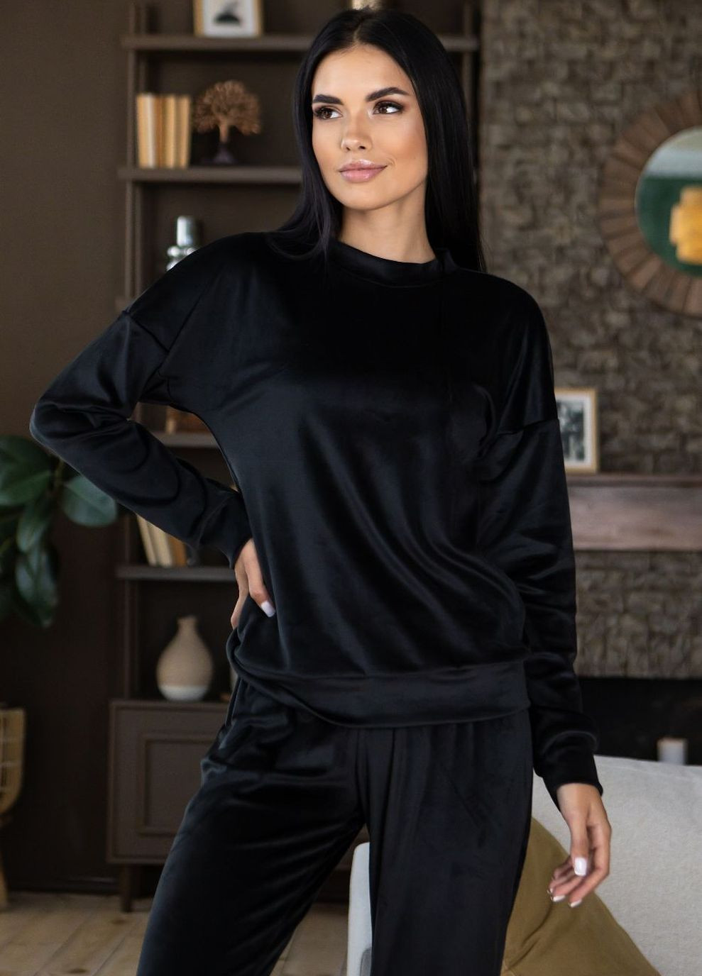 Черная всесезон пижама теплая брючная с кофтой велюр пч1500 черный MiaNaGreen
