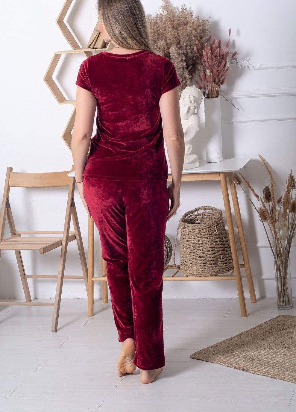 Темно-красная всесезон женская пижама из плюш-велюра xxl+ п1311 марсала MiaNaGreen