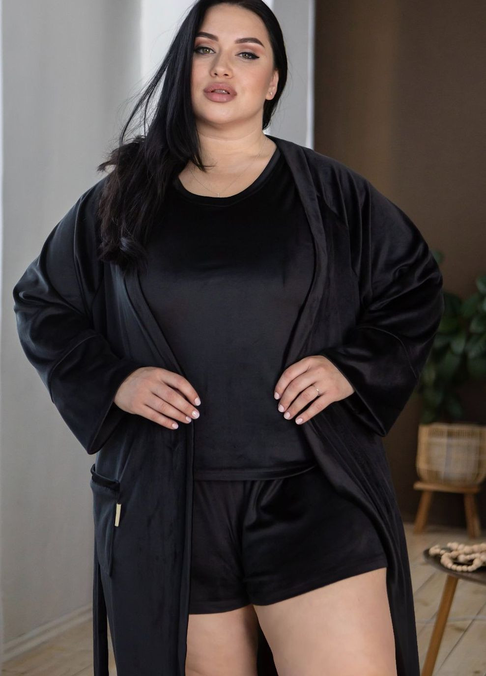 Комплект пижама велюровая с халатом Кч1550ш Черный MiaNaGreen (267315456)