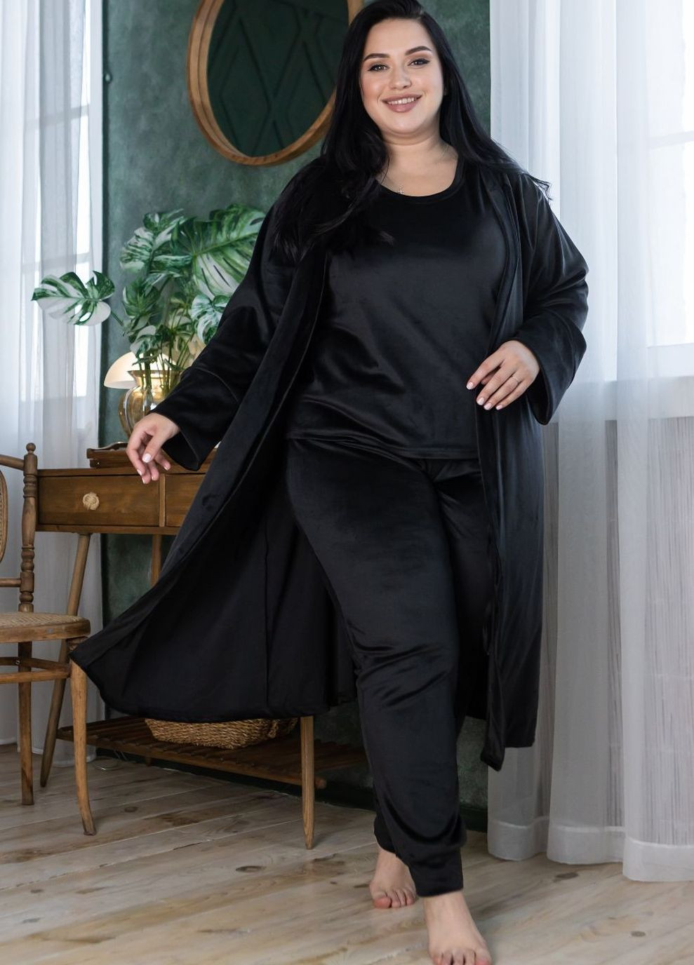 Комплект пижама велюровая с халатом Кч1580 Черный MiaNaGreen (267315416)