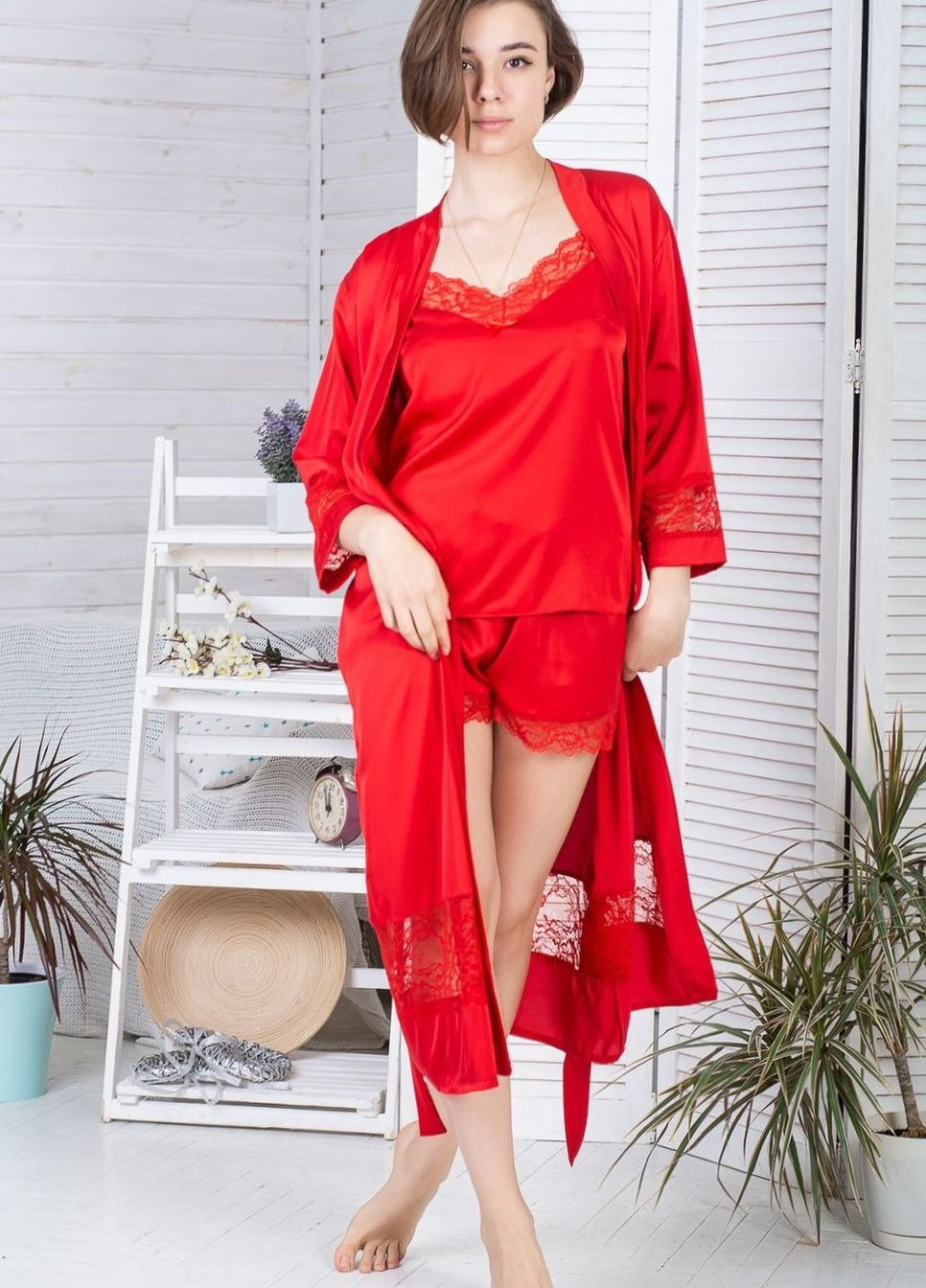 Комплект шелковый пижама с удлиненным халатом К1104п Красный MiaNaGreen (267315475)