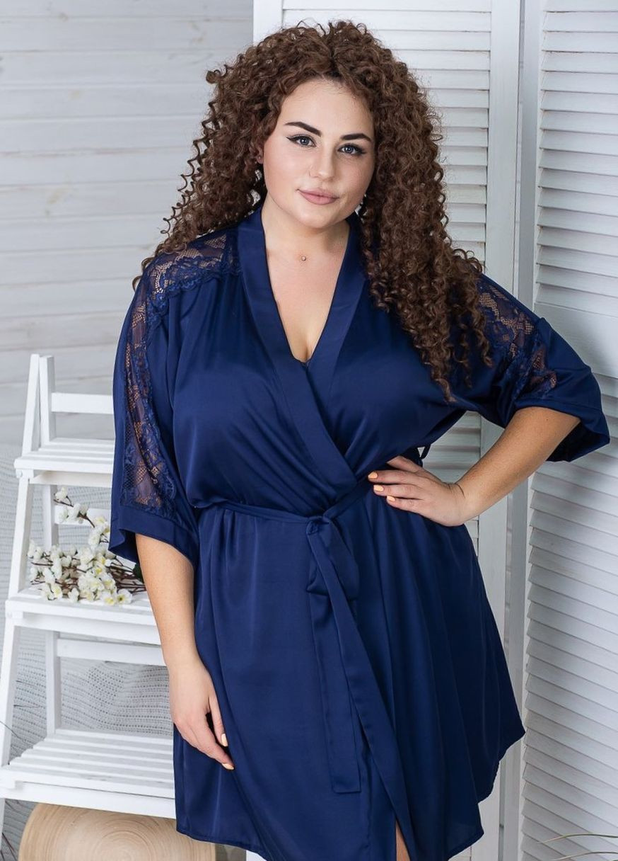 Халат шовковий з мереживом XXL+ Х810 Синій MiaNaGreen (267507368)