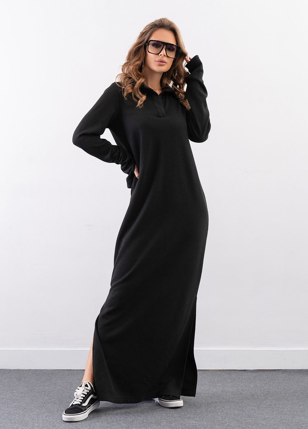 Чорна повсякденний чорна довга сукня з коміром-поло ISSA PLUS однотонна