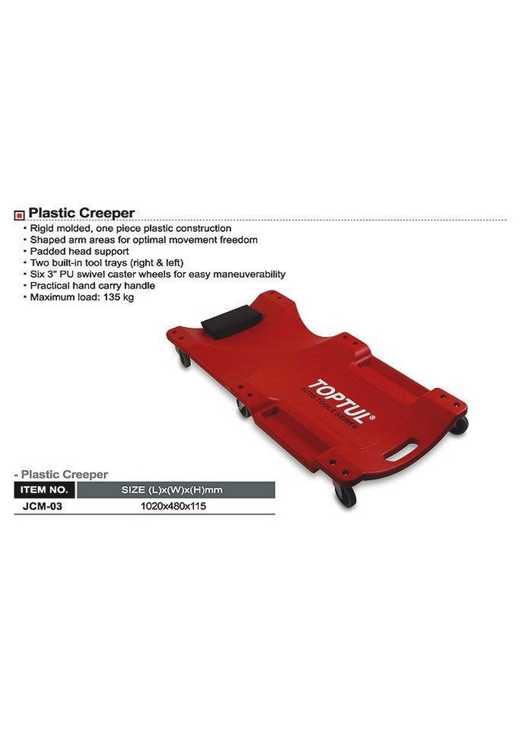 Лежак автослюсаря підкатний пластиковий 1020x480x115 мм TOPTUL (267659177)