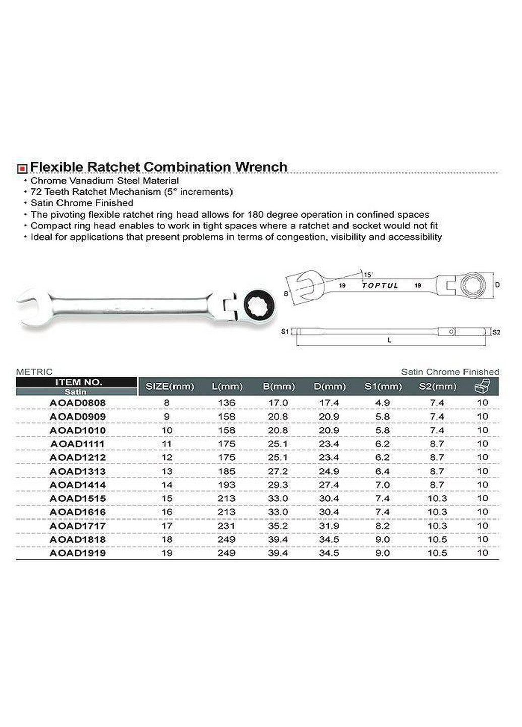 Ріжково-накидний ключ тріскачковий з шарніром 14мм TOPTUL (267654274)