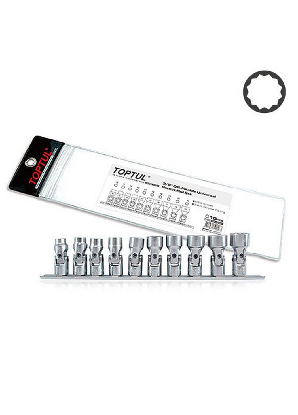 Комплект головок із карданом на планці 12-гр. 3/8" 10од. 10-19мм TOPTUL (267656143)