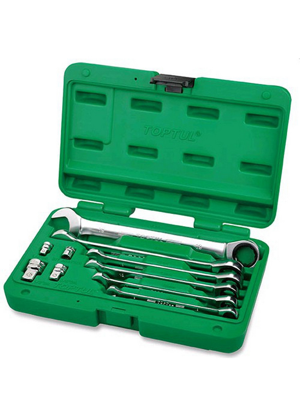 Комплект ключів комбінованих з тріскачкою 10од. 8-19мм + перехідники TOPTUL (267659196)