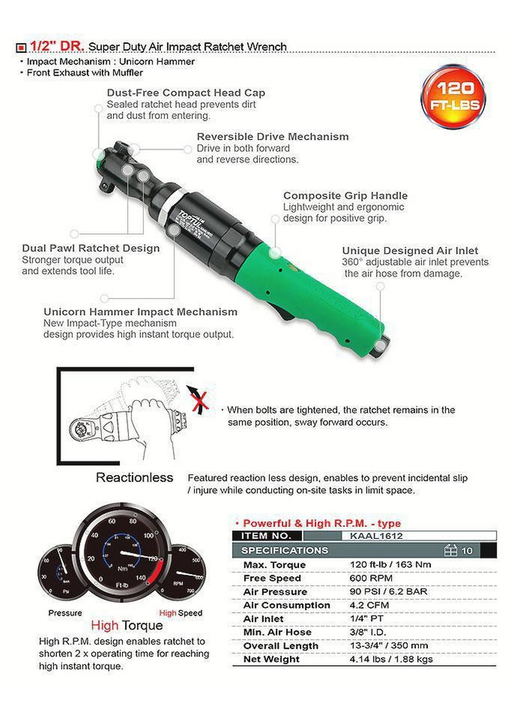 Пневмотрещетка 1/2" 163N/m 600об/мин TOPTUL (267657274)