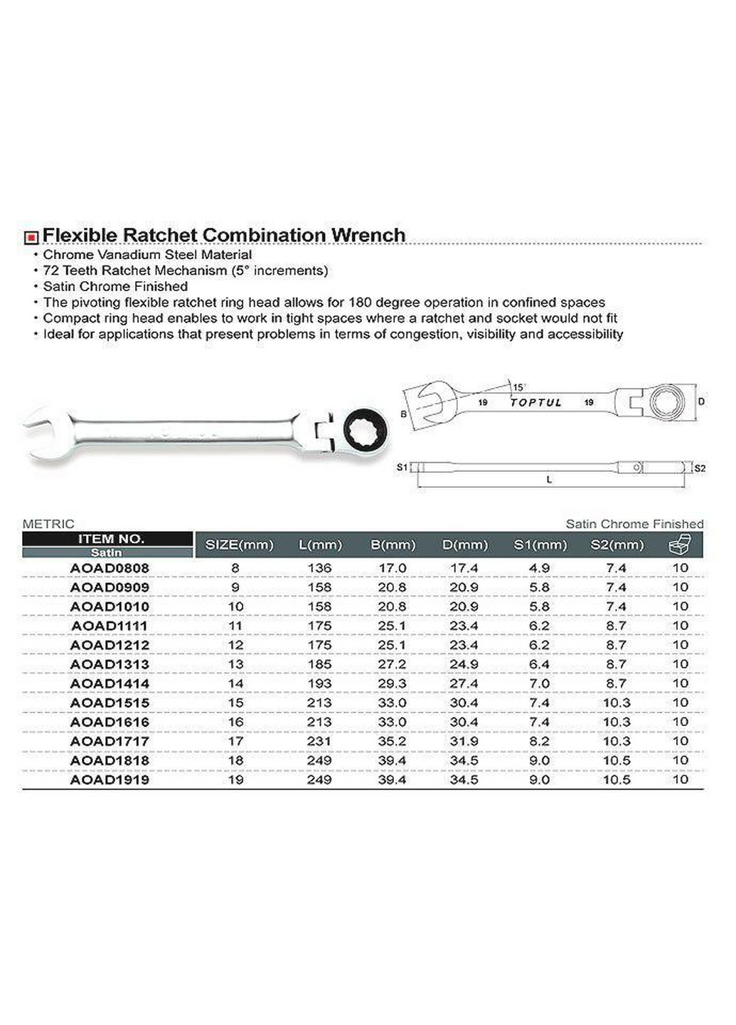 Тримачковий ключ ріжково-накидний з шарніром 18мм TOPTUL (267657225)