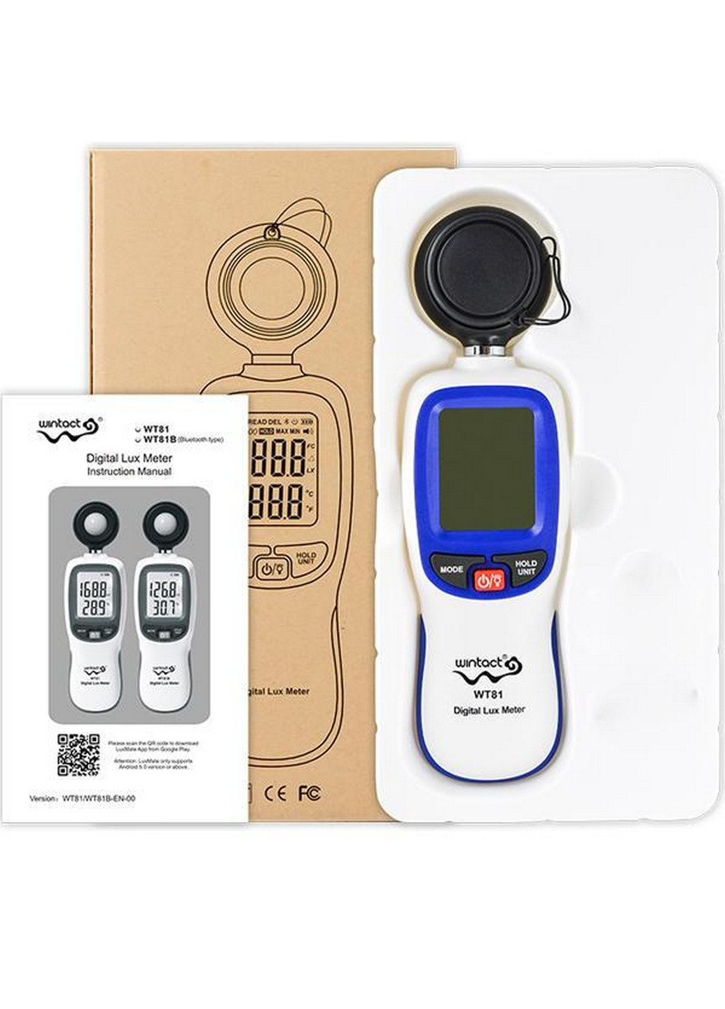 Цифровий люксметр (вимірювач освітленості + термометр) Bluetooth 200000 Lux Wintact (267654601)