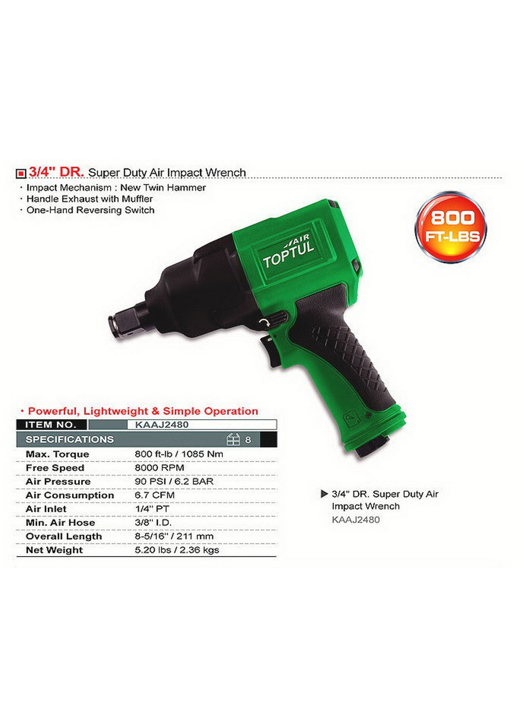 Гайковерт пневматический 3/4" 1085N/m 8000об/мин TOPTUL (267659252)