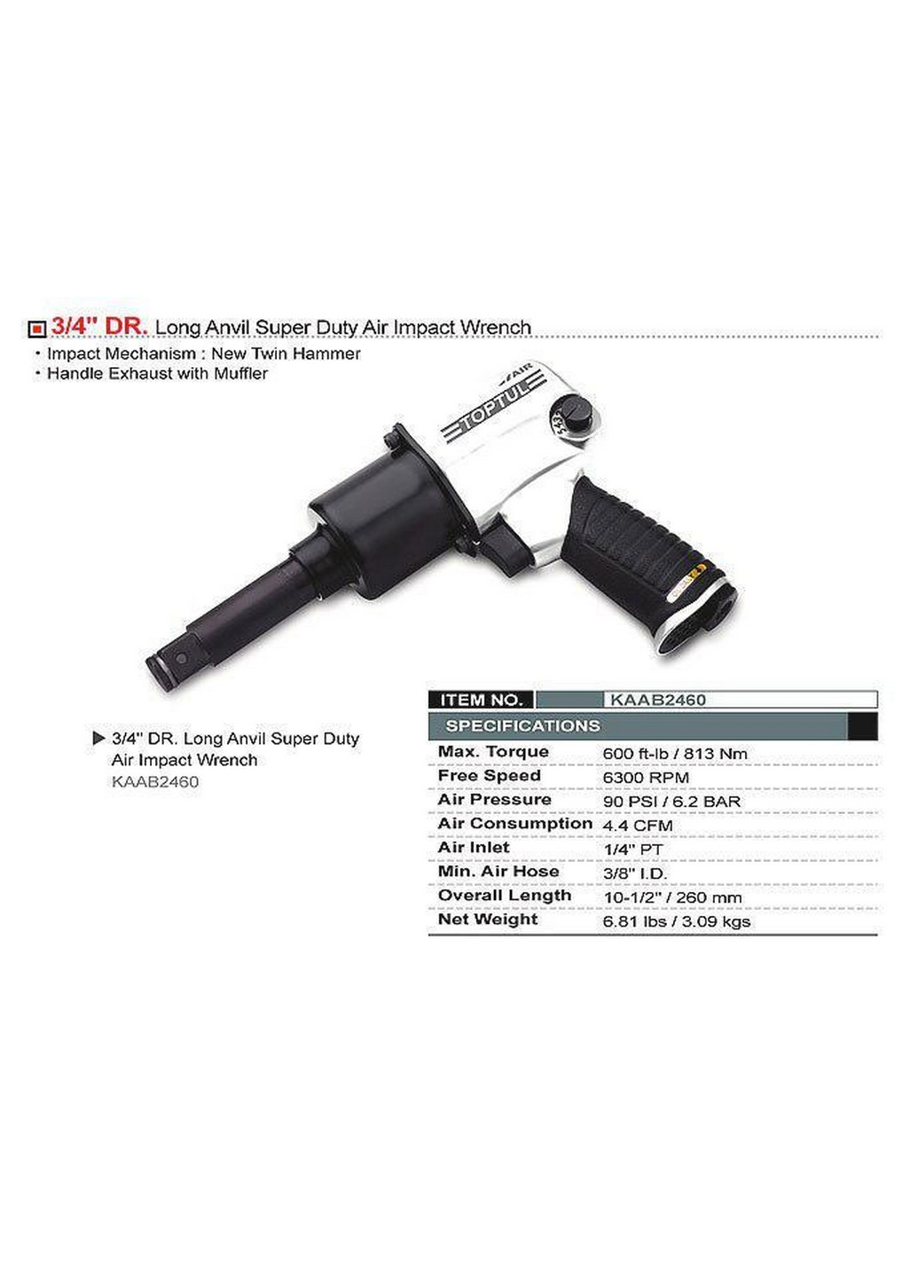 Гайковерт пневматичний 3/4" 813N/m 6300 об/хв TOPTUL (267655013)