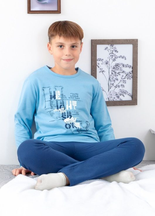 Голубая зимняя пижама для мальчика (подростковая) лонгслив + брюки Носи своє