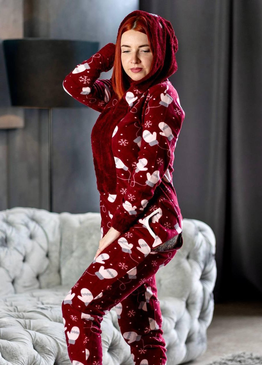 Красная зимняя пижама комбинезон Pijamoni Попожама палочка (комбінезон з карманом на попі, піджамоні) - кигурумі