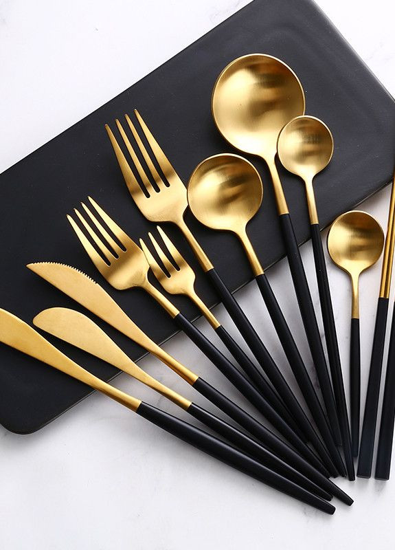 Ложка десертная золотого цвета с черной ручкой из нержавейки. Приборы для ресторанов кафе и дома REMY-DECOR (267897131)