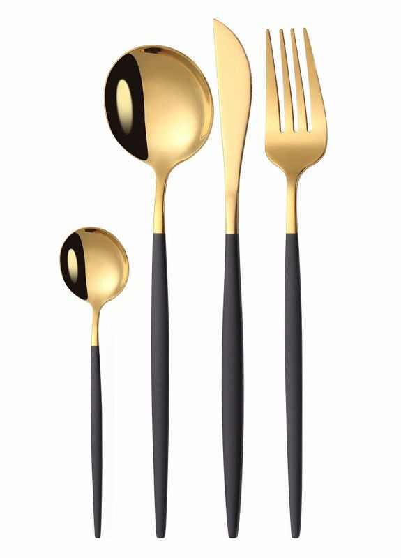 Набор столовых приборов столовый нож и вилка золотого цвета с черной ручкой из нержавейки для дома REMY-DECOR porto (267897108)