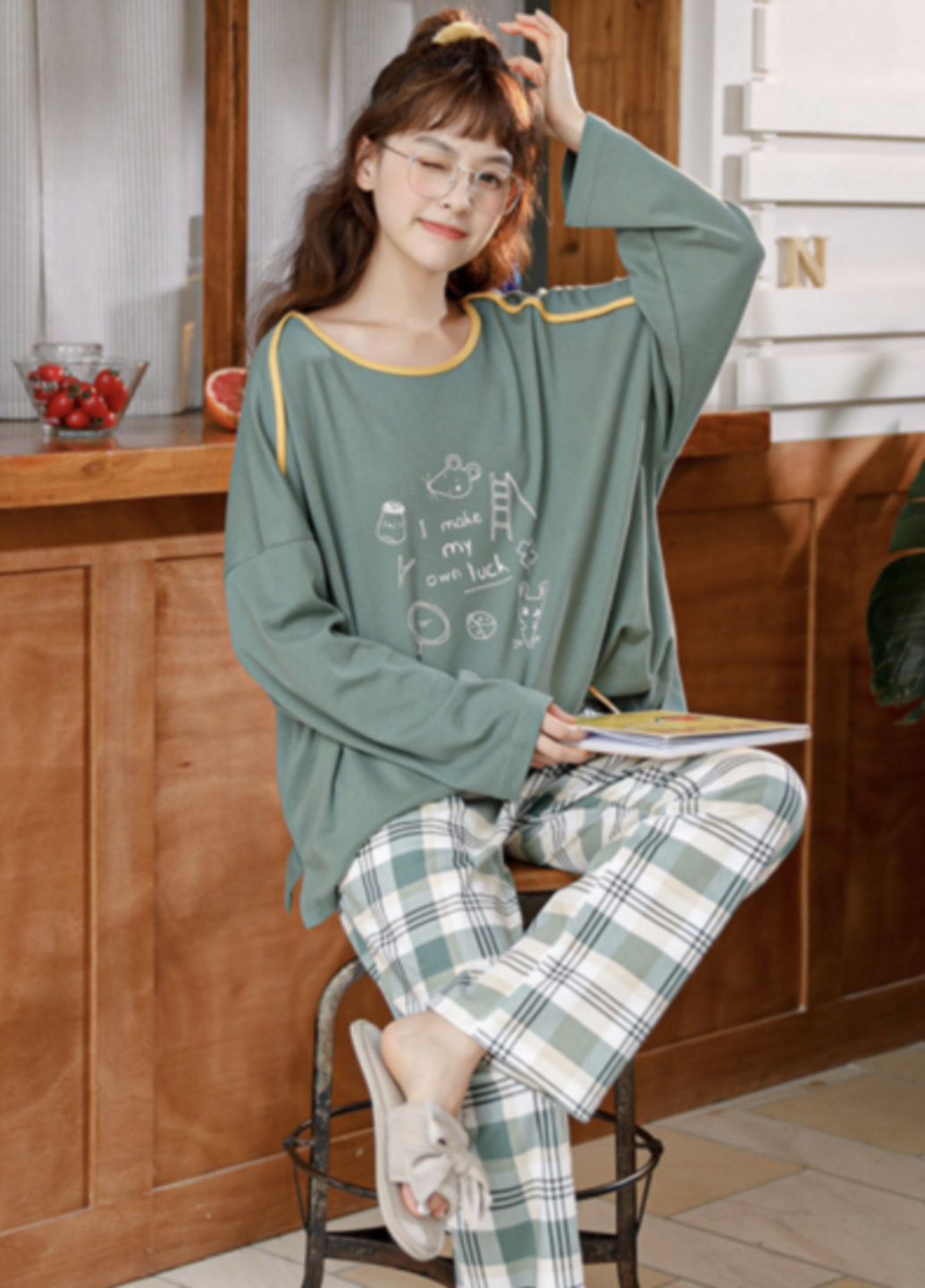 Зеленая всесезон женская пижама в клетку мышь удача qian zitong размер s 44 зеленый No Brand