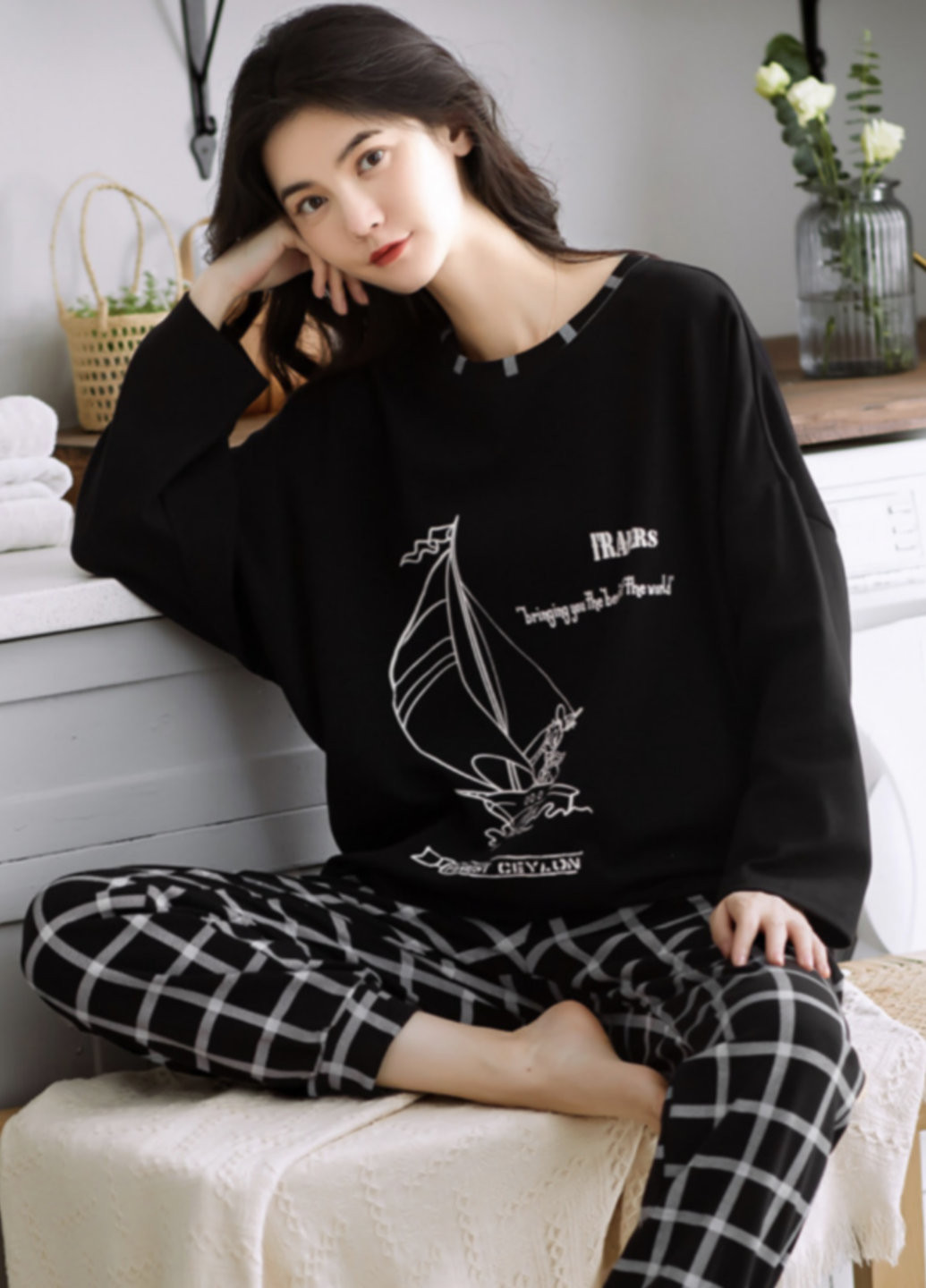 Чорна всесезон жіноча піжама в карту sailboat qian zitong розмір m 46 чорний No Brand