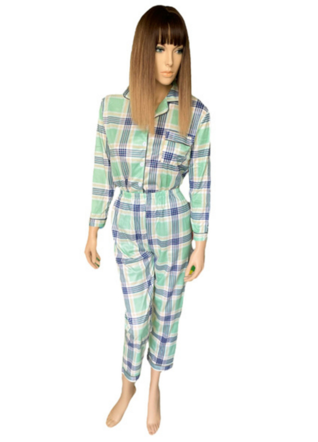 Мятная всесезон пижама женская костюм зефирка bonntee s-m 42 мятный в клетку No Brand
