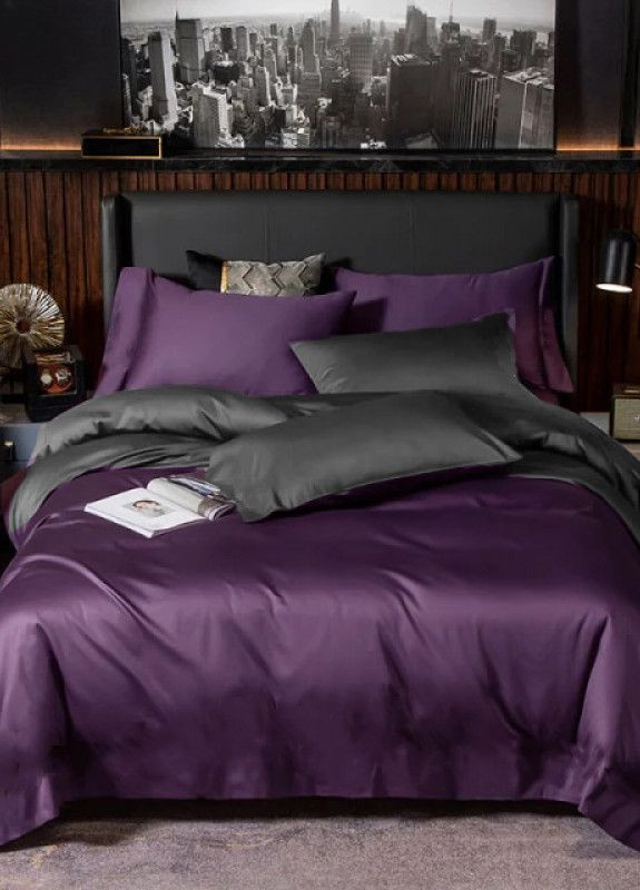 Постільна білизна ДУЕТ VIOLET FLOWER/ANTHRACITE Premium Сатин однотон Сімейний MERISET (268302084)