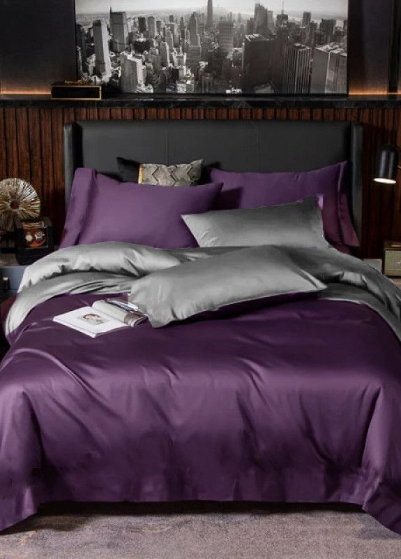 Постільна білизна ДУЕТ VIOLET FLOWER/TRUE GREY Premium Сатин однотон Євро MERISET (268302212)