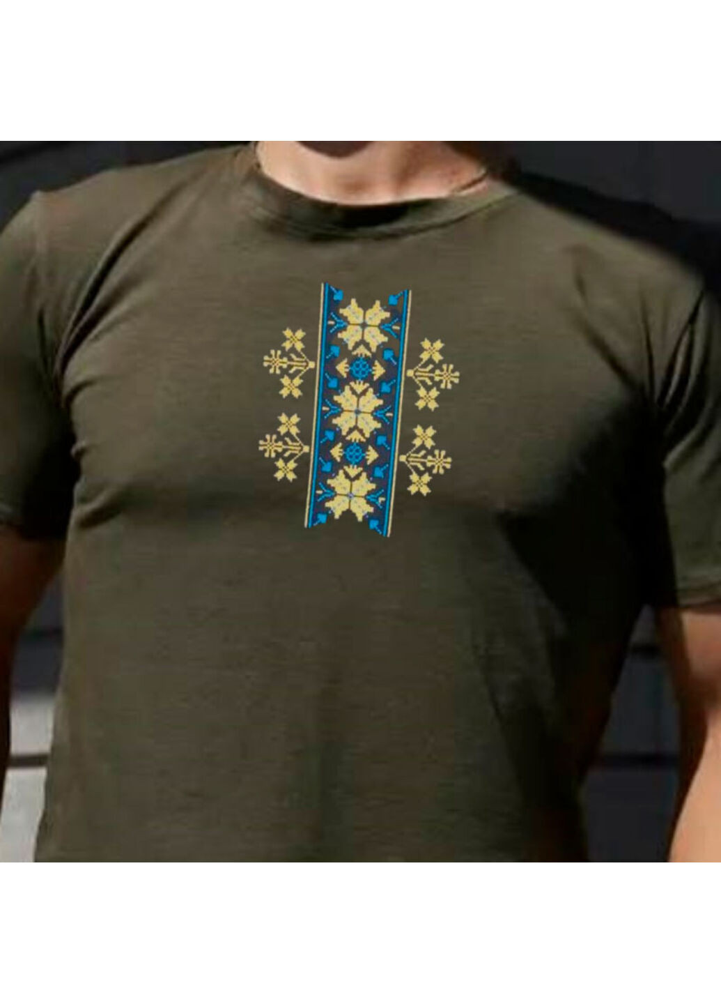 Хакі (оливкова) футболка з вишивкою етно 01-3 чоловіча millytary green l No Brand