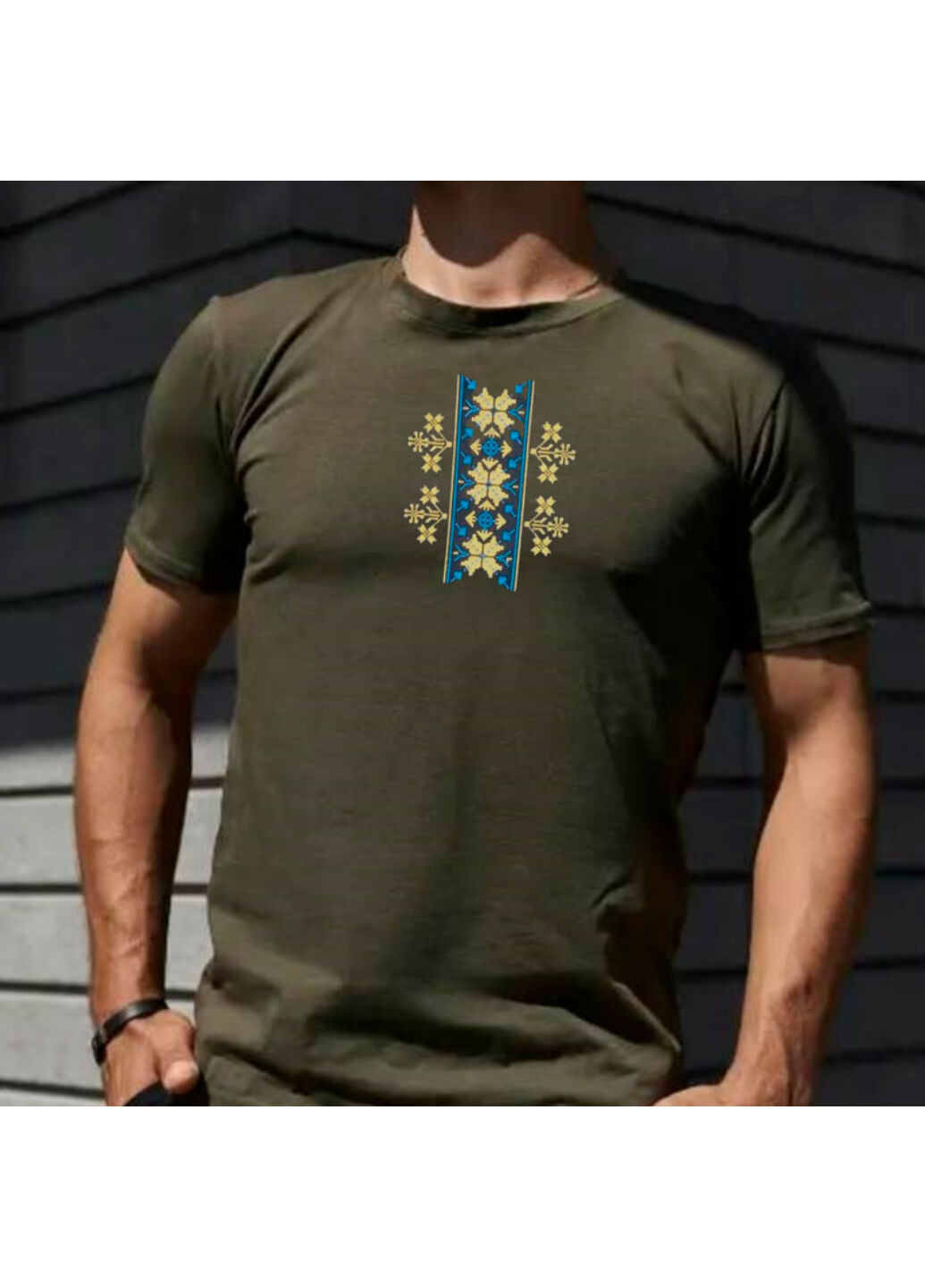 Хаки (оливковая) футболка з вишивкою етно 01-3 мужская хаки xl No Brand