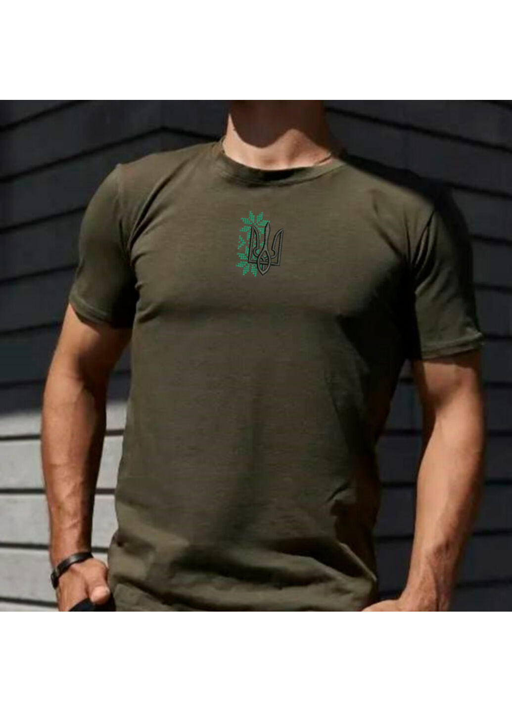 Хаки (оливковая) футболка з вишивкою тризуба 01-2 мужская хаки xl No Brand