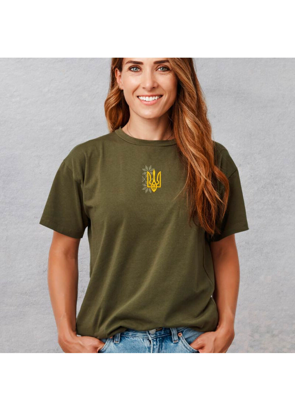 Хакі (оливкова) футболка з вишивкою тризуба 02-5 жіноча хакі l No Brand