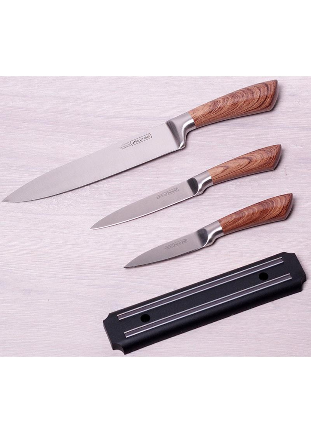 Набор 3 кухонных ножа Aubrieta на магнитной планке Kamille комбинированные,