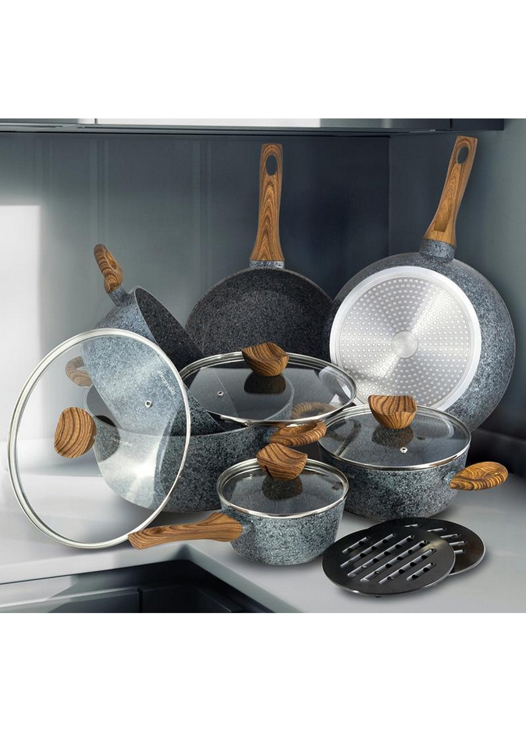 Набор кухонной посуды Grey Marble 12 предметов, литой алюминий Kamille (268459030)