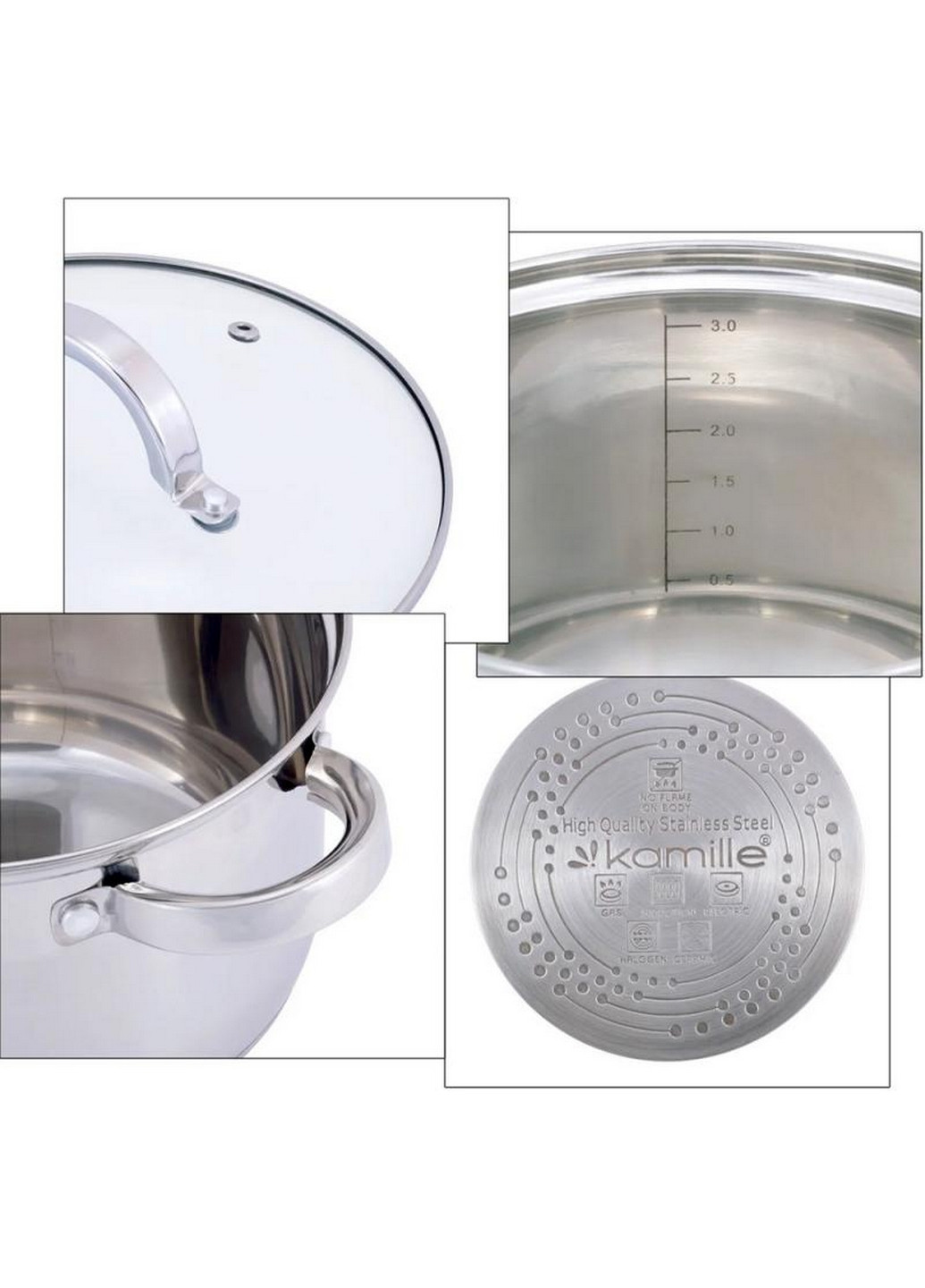 Набор 3 кастрюли Madrid из нержавеющей стали с мерной шкалой Kamille (268459061)