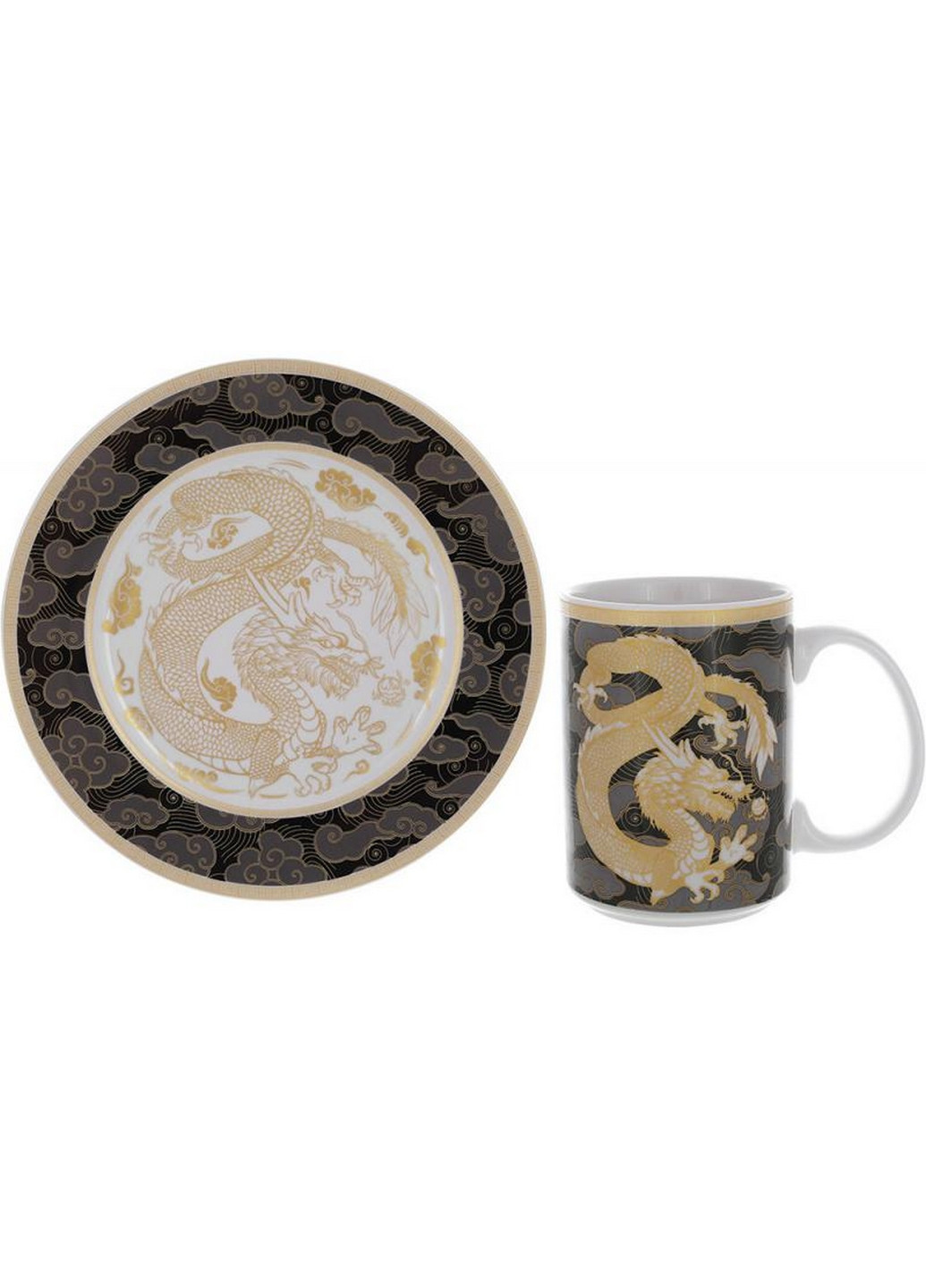 Чайная пара "Золотой Дракон на черном" кружка, тарелка, фарфор BonaDi (268458114)